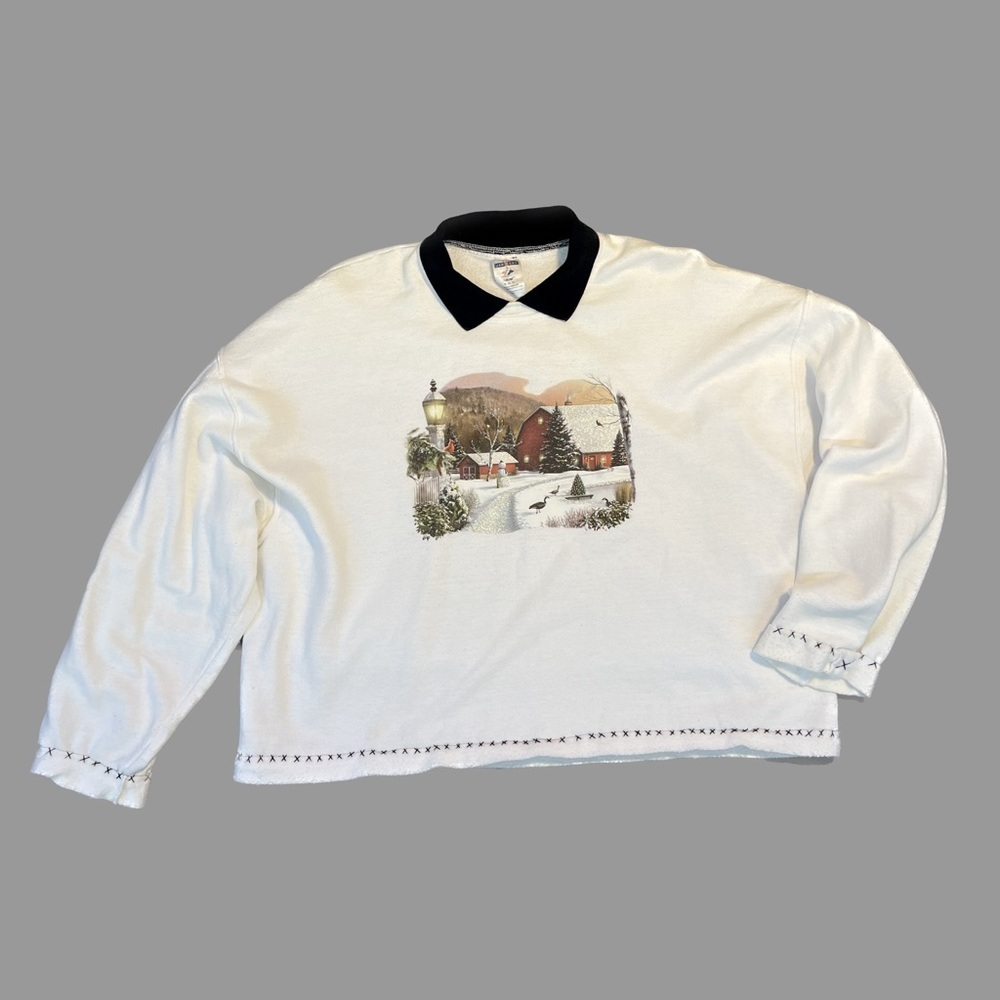 Vintage 90’s Jerzees Winter Farm Snowy Country Home Pullover Sweatshirt/Polo XL